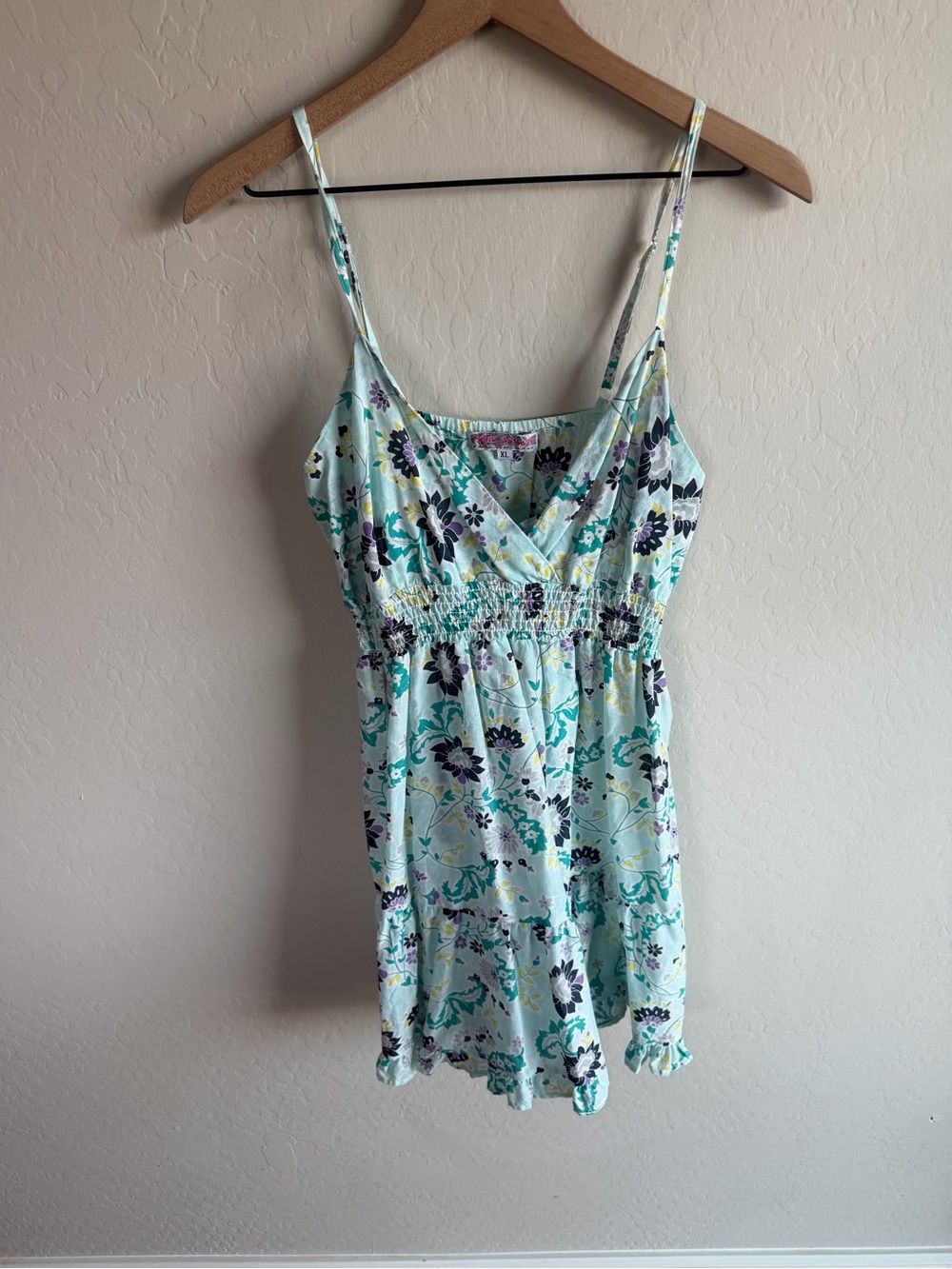 Vintage Floral Smocked Babydoll Mini Dress XL Cottagecore 90s Y2K Garden Cotton